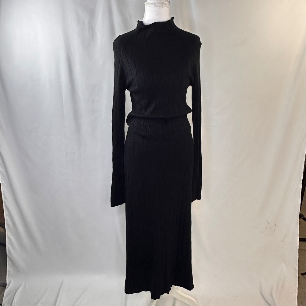 Rachel Zoe Size M 2 Piece Set Black Ribbed Knit Mock Neck Top & Midi Skirt Chic